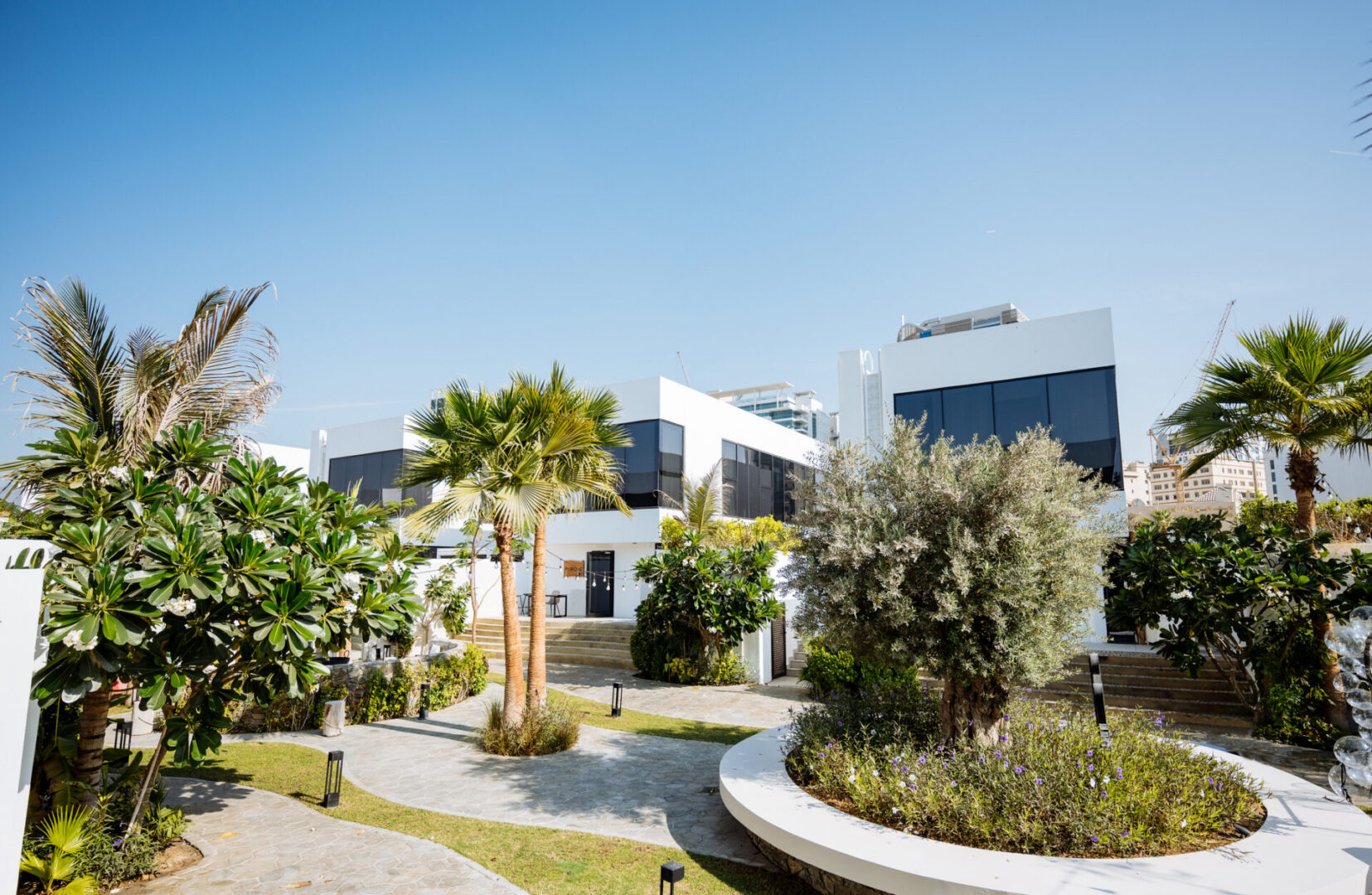 Modern building with lush garden