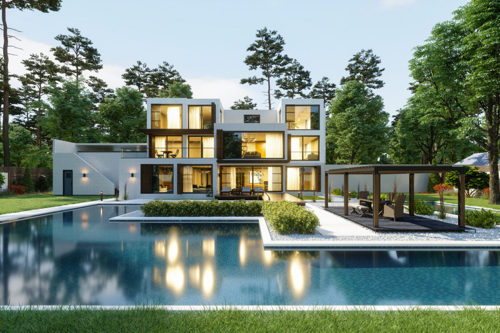 Contemporary villa with illuminated windows and pool