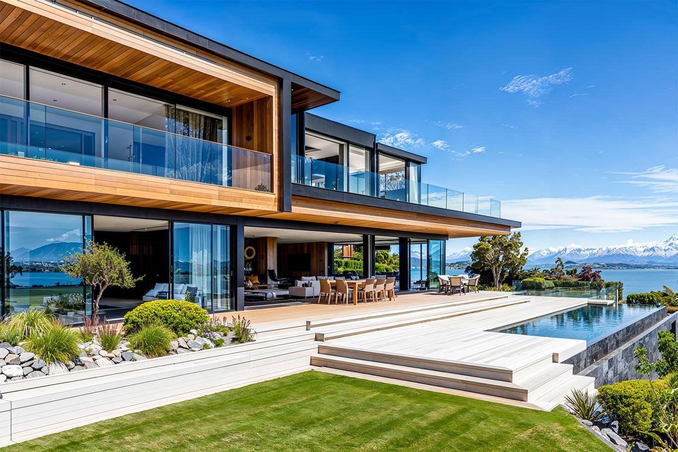 Modern house with pool overlooking the ocean.